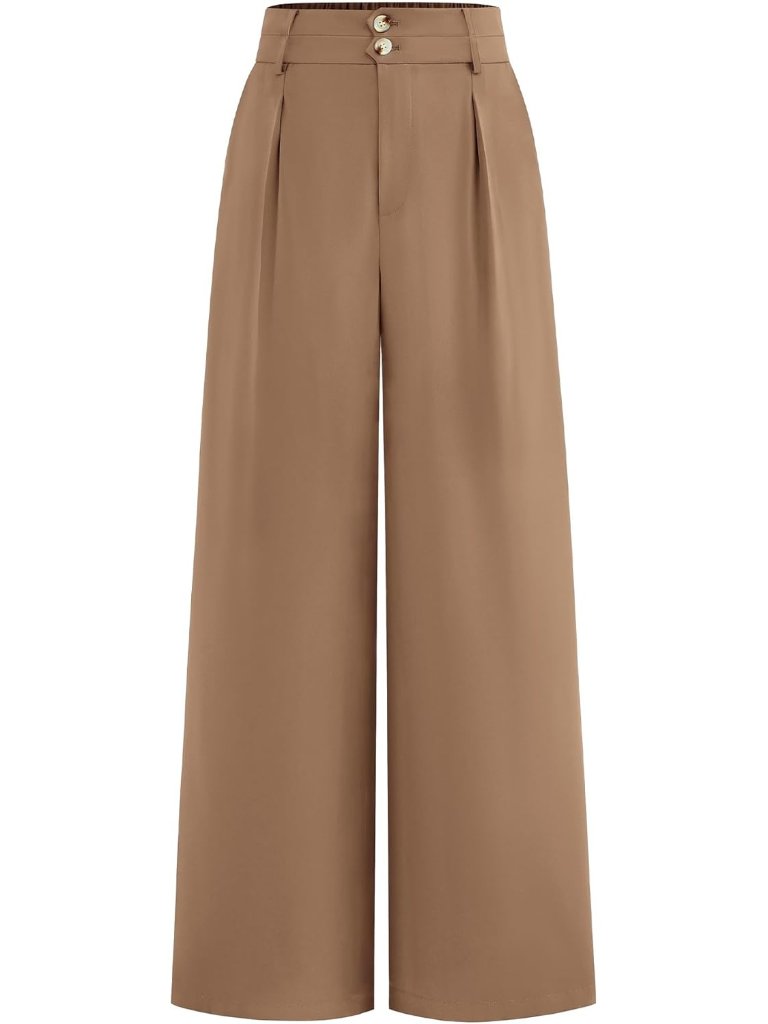 Women's Wide Leg Dress Pants Khaki High Waisted Button Pleated Trousers Palazzo